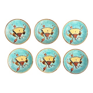 Antique English Japonisme Majolica Style Cabinet Plates, Turquoise Crackle Glaze, Set of Six, C. 1890–1910 For Sale