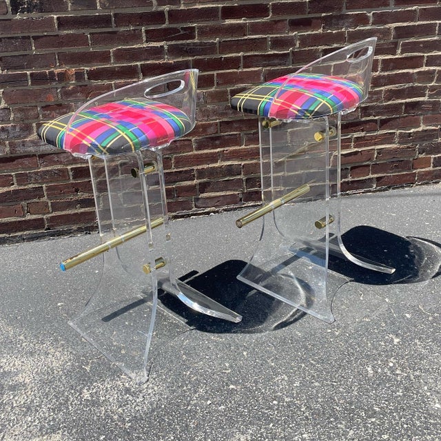 1980s Lucite and Brass Bar Stools Style of Hill Manufacture Charles