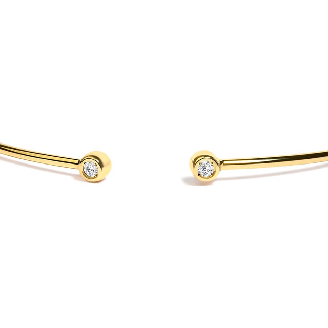 Contemporary 10K Yellow Gold plated Sterling Silver Lab Grown Diamond Accent Bezel Cuff Bangle Bracelet For Sale - Image 3 of 4