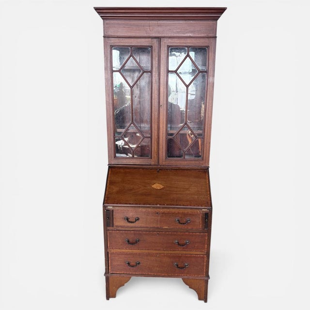 Brown Antique Edwardian Mahogany Glazed Bureau Bookcase, 1930s For Sale - Image 8 of 10