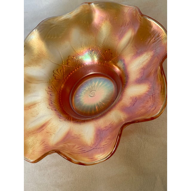 Art Deco Early 1900s Northwood Stamped Hand Etched Iridescent Marigold Rosette Glass Ruffled Bowl For Sale - Image 3 of 11