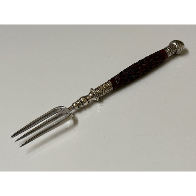Silver Antique Exquisite English Horn Handled Sterling Silver Toast Fork - Heavy and Hallmarked For Sale - Image 8 of 12
