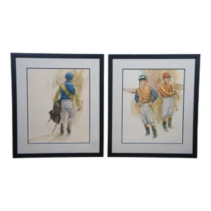 Set of 2 Vintage Henry Koehler Signed Offset Lithographs of Equestrian Jockey Horse Racing