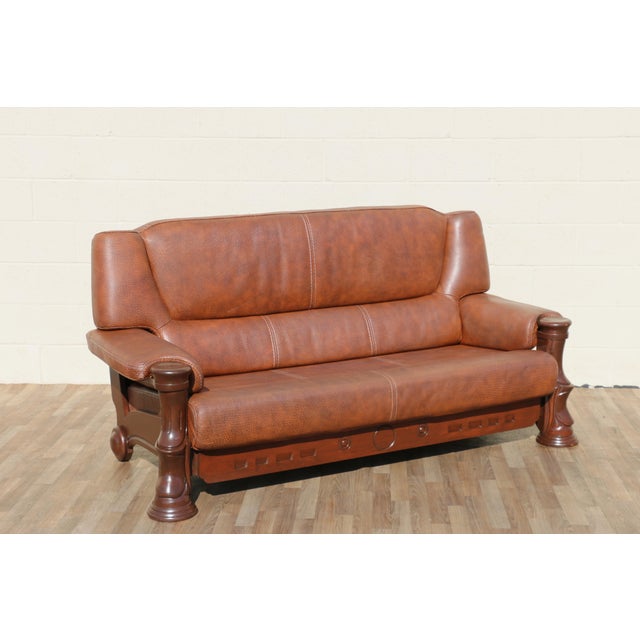 1970s 1970s Sculptural Brown Leather Sofa With Solid Wood Frame, Modernist Postmodern Lounge Couch Design For Sale - Image 5 of 18