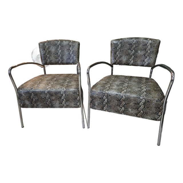 Mid Century Style Chrome Framed Chairs With Snakeskin Upholstery For Sale