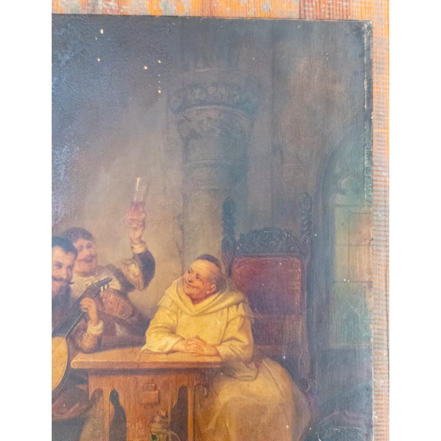 Rustic European 19th Century Dutch Interior Tavern Genre Scene Painting With Monk and Musician For Sale - Image 3 of 11