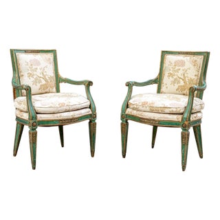 Extraordinary Pair of Antique French Louis XVI Style Painted Armchairs For Sale