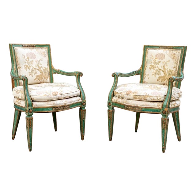 Extraordinary Pair of Antique French Louis XVI Style Painted Armchairs For Sale