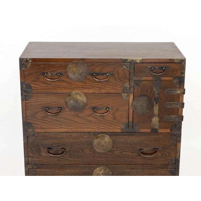 Traditional Korean Brass Mounted Three-Part Elm Tansu Chest For Sale - Image 3 of 11