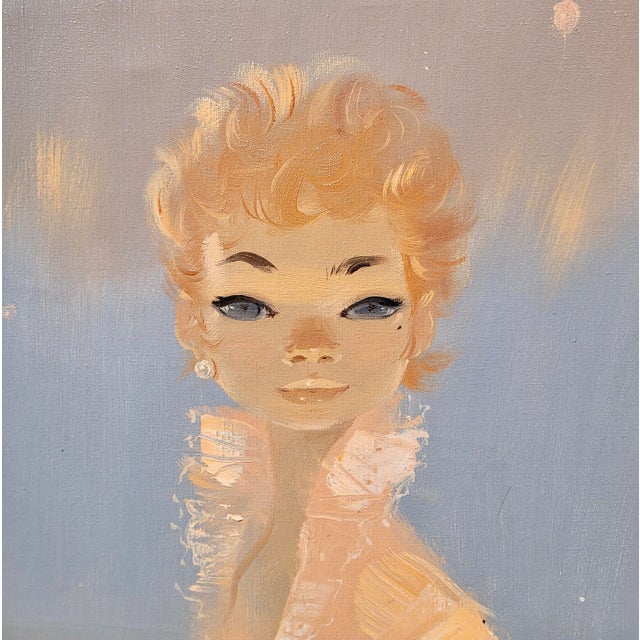 Igor Pantuhoff -Portrait Red Haired Girl W/Big Eyes & a Pink Jacket-1960s Oil Painting For Sale - Image 4 of 10