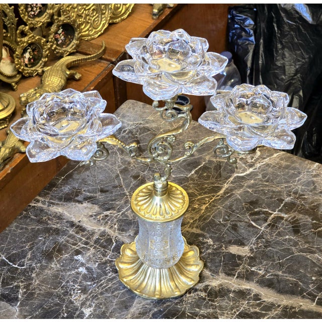 Italian Ornate Brass & Crystal Three-Candle Decorative Holder for Table Decor Italian Style For Sale - Image 3 of 5