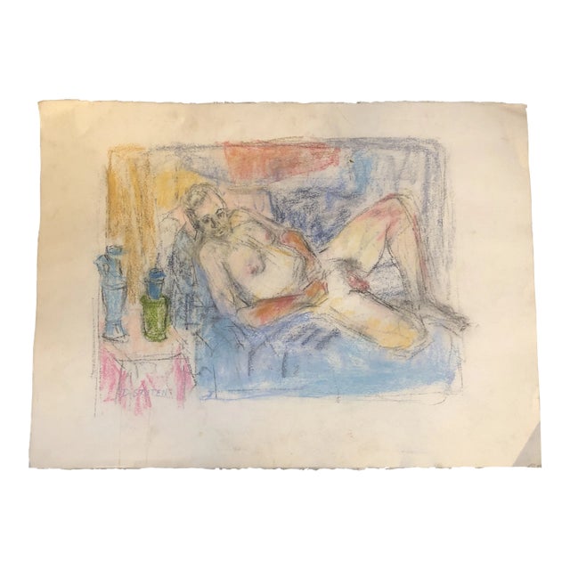 Original Vintage Male Nude Charcoal Pastel Drawing Signed For Sale