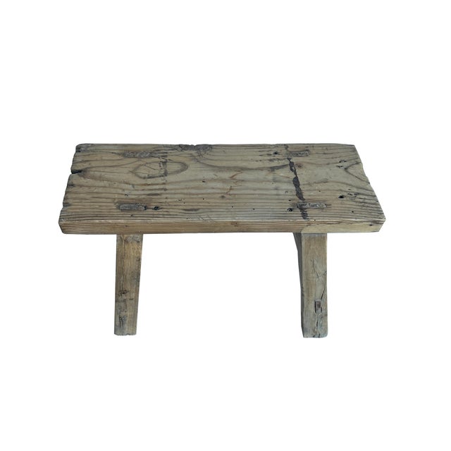 1970s Rustic Raw Rough Wood Grain Rectangle Slim Stool Bench Side Table For Sale - Image 5 of 5