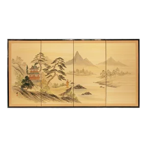 1960s Shōwa Era Japanese Screen, Landscape With Buddhist Monk