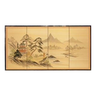 Showa Era Japanese Screen, Landscape With Buddhist Monk, Circa 1950s For Sale
