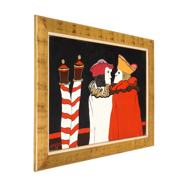 Original painting from Venice, Italy featuring the iconic Venetian canal poles and masquerade figures. The colors of reds,...