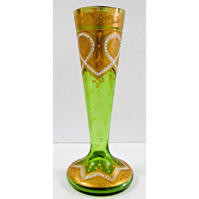 Art Nouveau Antique Bohemian Moser-Style Green Glass Stick Vase Gold Gilding and Enamel For Sale - Image 3 of 12