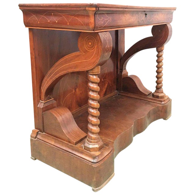 20th Century Biedermeier Style Marquetry Spanish Console Table With Drawer For Sale
