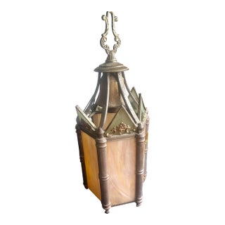 Mid 20th Century Gothic Revival Hanging Lantern With Slag Glass Panels and Ornate Metal Frame. For Sale
