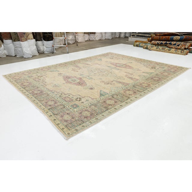 Sand Hand-Knotted Serapi-Inspired Modern Wool Rug in Muted Pastels and Sand 11x13 For Sale - Image 8 of 9