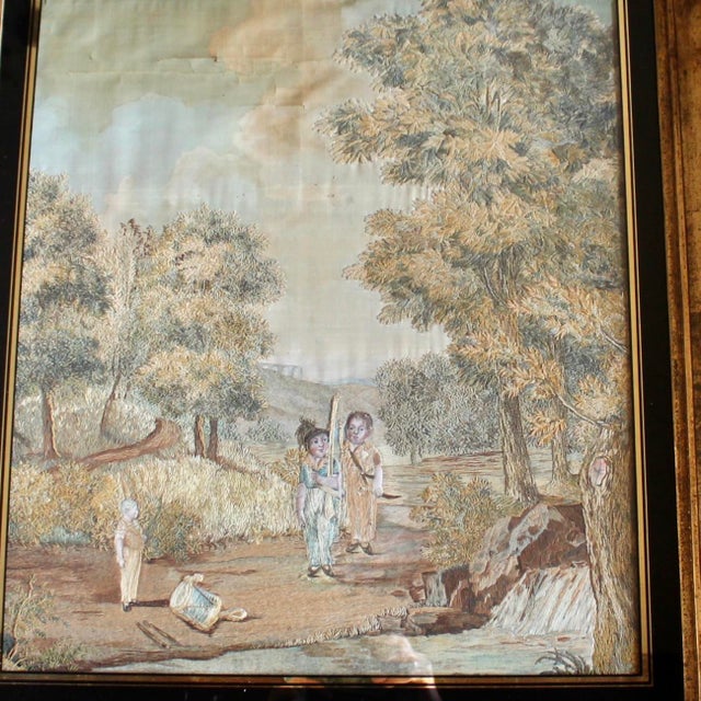 A very detailed and exceptionally large and finely worked early 19th century embroidery panel with magnificent trees...