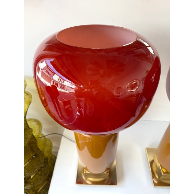Contemporary Pair of Brass and Red Murano Glass Bulb Shade Lamps, Italy For Sale - Image 9 of 12