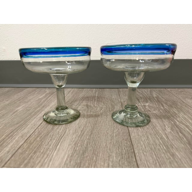 Pair of Blue‑Rim Margarita Glasses For Sale - Image 4 of 10