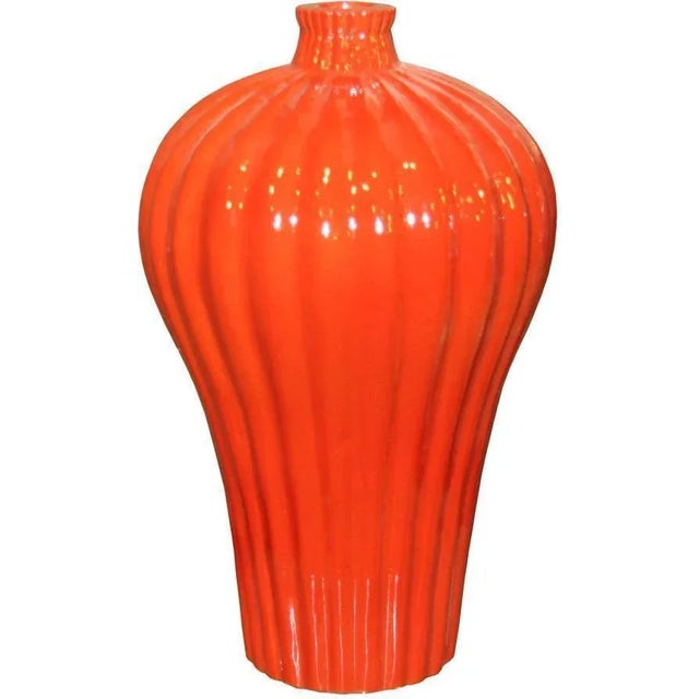 Prunus Lidded Fluted Orange Crackle Varying Vase Overall measurements (inches) 24H x 13W x 13D . Overall Condition is New....