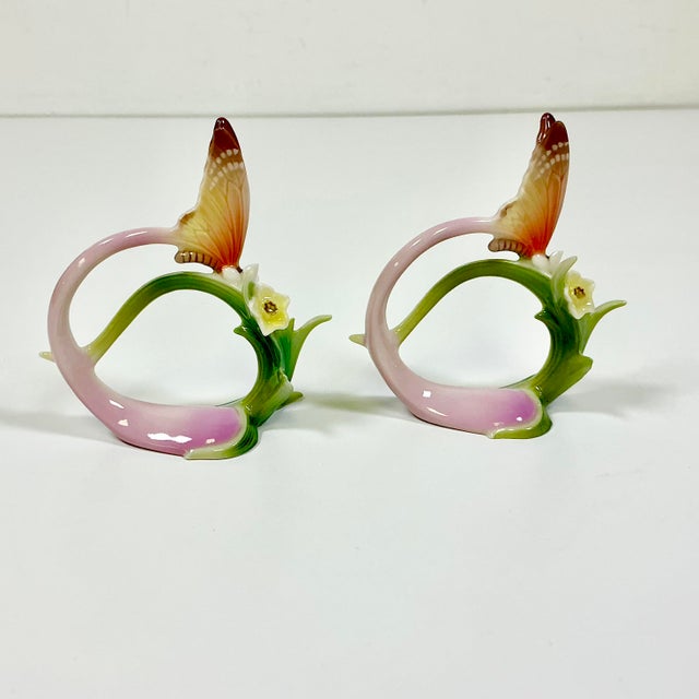 Vintage Minimalist Japanese Hollywood Regency Majolica Butterfly Flora Porcelain Napkin Rings - Set of 12 For Sale - Image 15 of 18