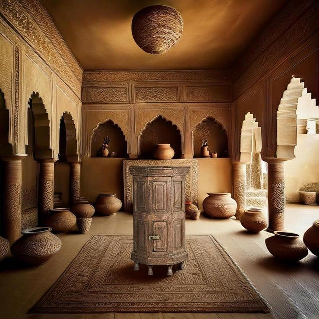 This ancient Indian prayer urn, converted into a harness, is a unique object full of spirituality. Measuring 84 cm high...