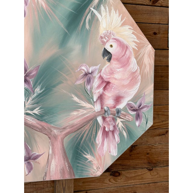 Gorgeous tropical coastal octagonal cockatoo oil painting on canvas by Walcutt signed. Old Florida coastal fabulous...