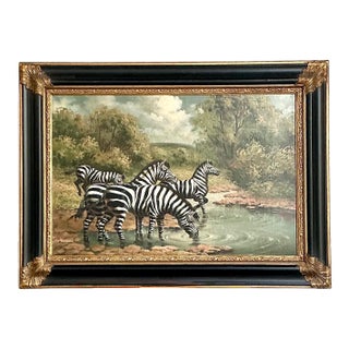 Vintage Zebra Landscape Oil Painting For Sale