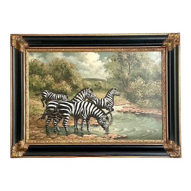 Vintage Zebra Landscape Oil Painting For Sale