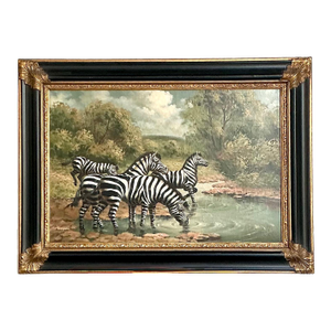 Vintage Zebra Landscape Oil Painting