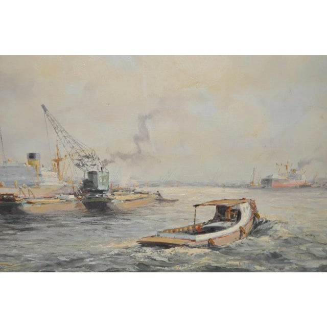 Textile Jan Schaeffer "Ships in Port" Original Oil Painting C.1930s For Sale - Image 7 of 9