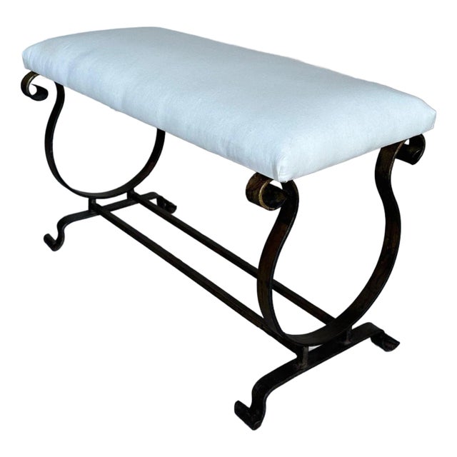 Gilt Spanish Iron Bench With Lyre-Shaped Base For Sale
