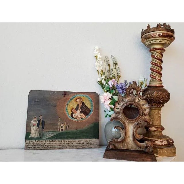 Mexican Vintage Mexican Religious Hand Painted Oil on Tin Panel Retablo Folk Art For Sale - Image 3 of 11