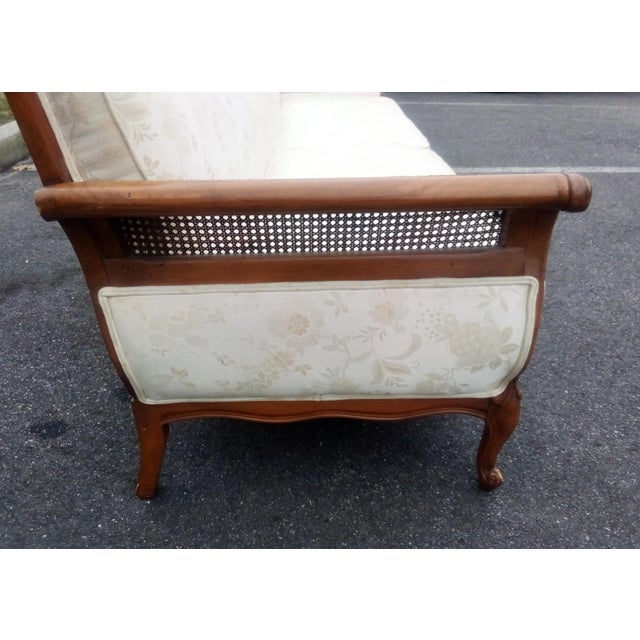 French Louis XV Style Elegant Ivory 7.5' Sofa Sale $2750 Serpentine Carved Back Curved Caned Sides Mid-Century For Sale - Image 4 of 13