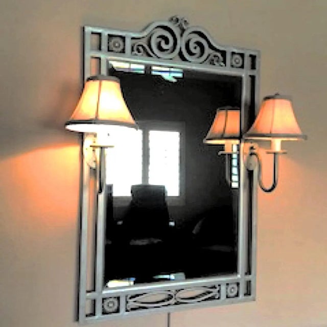 Metal 1990s Silver Gray Wrought Iron Framed Wall Mirror With Attached Flanking Sconces For Sale - Image 7 of 9