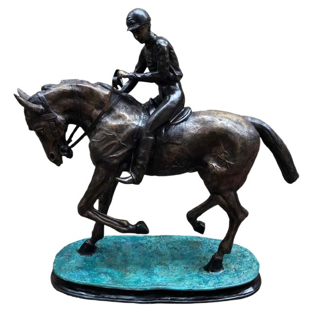 French Bronze Horse and Jockey Statue, 20th Century For Sale