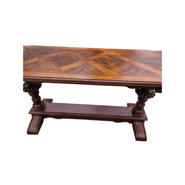 Jacobean 1990s Thomasville Fine Burl Trestle Table Parque Top Console Hall Table Jacobean Style For Sale - Image 3 of 15