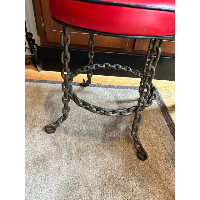 Industrial Vintage Industrial Brutalist Welded Iron Chain Stool With Red Vinyl Seat For Sale - Image 3 of 6