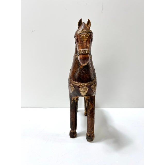 Mid 20th Century Vintage Carved Wood Horse Sculpture With Brass Inlay For Sale - Image 5 of 10