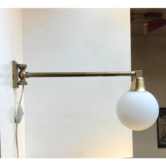 Scandinavian Modern Brass Swing Arm Wall Sconce with Opaline Sphere, 1960s For Sale - Image 9 of 9