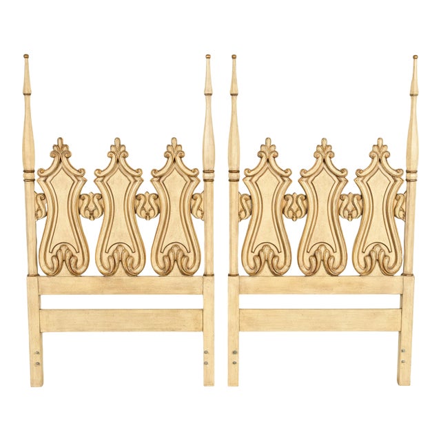 Romweber Hollywood Regency French Rococo Cream Lacquered and Parcel Gilt Twin Size Headboards, Pair For Sale