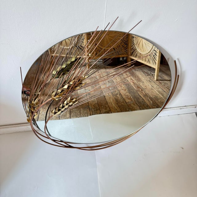 Gold Curtis Jere Mirror Wheat Sheaf Round Mid Century Modern Metal Wall Art Signed For Sale - Image 8 of 12