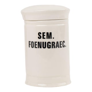 Antique-Style Ceramic Apothecary Jar With Lid - Sem. Foenugraec. For Sale