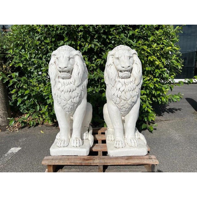 Classical Seated Lion Garden Statues in White Cast Stone, Set of 2 For Sale - Image 6 of 13