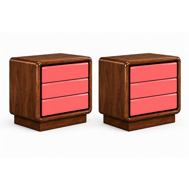 Pair of Postmodern Three-Drawer Nightstands — Rich Walnut & Salmon Finish A distinctive pair of postmodern nightstands...