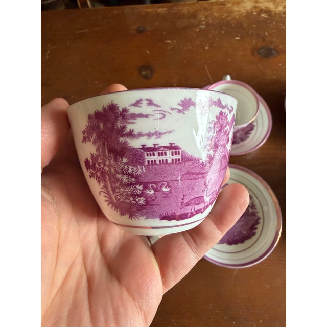 1805 Rare Antique Set of Four Pink Lustre and Bat Printed Pearlware Handled Cups and Saucers, Attributed to Thomas Wolfe - Set of 8 For Sale - Image 15 of 17